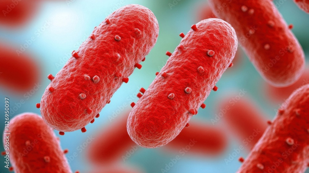 Aufkleber close-up view of red bacteria with textured surface and microbial features
