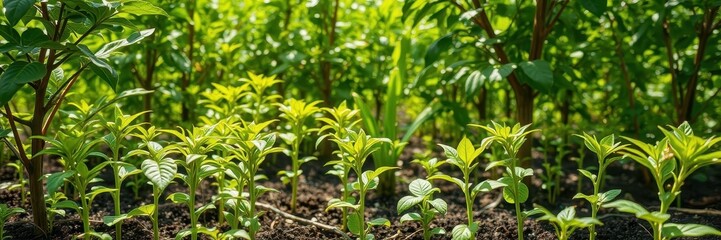 Obraz premium Coffee bean seedlings growing in a beautiful green nature background, natural, green