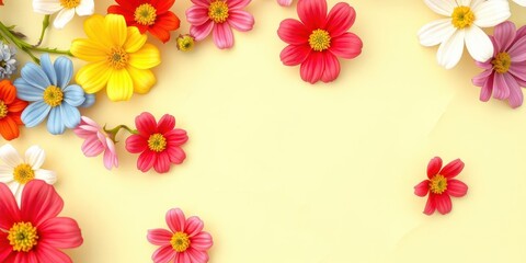 Colorful spring flowers blooming on a white paper background, season, flowers