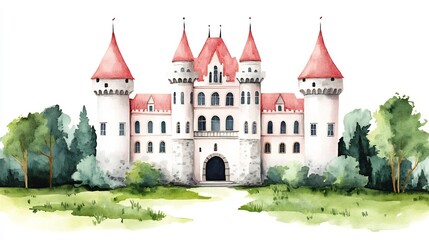 Fototapeta premium Majestic Fairy Tale Castle with Fountain in Watercolor
