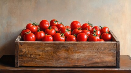 A wooden box of freshly picked red tomatoes, blending rustic charm and vibrant produce in a simple composition.