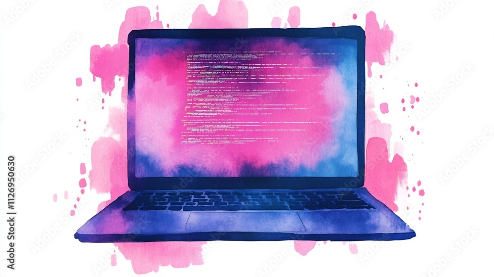 Aufkleber vibrant watercolor laptop with coding scripts on the screen