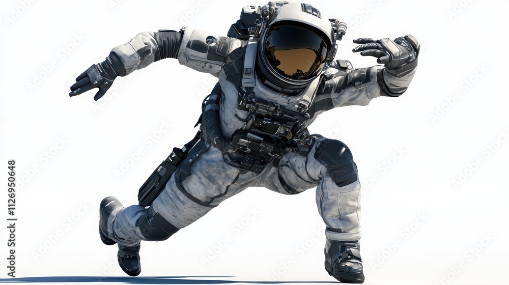 Poster an astronaut in a dynamic pose, suggesting movement in a space environment.