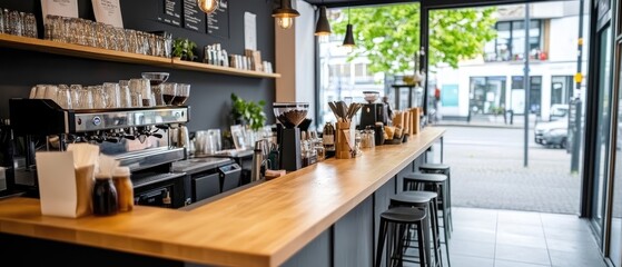 Modern coffee shop interior with wooden counter and bar chairs, bright ambiance and stylish decor in urban environment