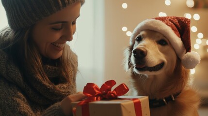 Woman giving Christmas gift to her Golden Retriever