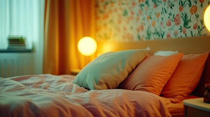 Cozy bedroom with soft pink bedding and warm ambient lighting in a stylish floral wallpaper setting