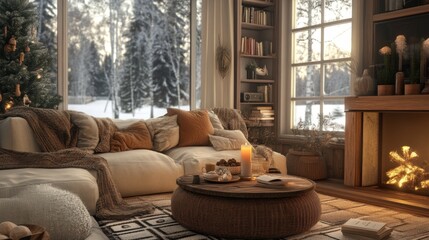 Obraz premium Cozy Winter Cabin Living Room with Fireplace and Christmas Tree