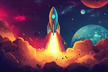 Explore the wonders of space with a detailed illustration of a rocket and celestial bodies, perfect for science and education. illustration, science, design, mosque, travel, child, star, sky,