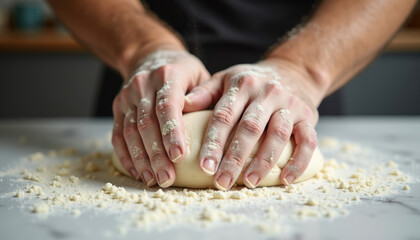 Hands kneading a ball of dough  covered in flour  on a marble surface.