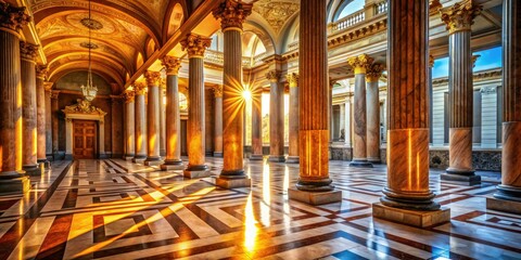 Obraz premium Sunlit Marble Columns: Classical Architecture Hall - Rule of Thirds Photography