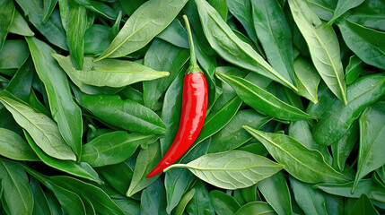 single bright red chili among vibrant green leaves creates striking contrast