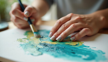 Fototapeta premium Close up of artist's hands delicately blending teal and gold acrylic paints onto a canvas.
