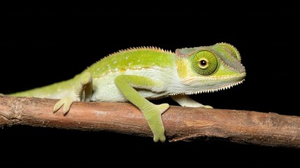 Fototapeta premium Close-Up Image of a Vibrant Green Lizard on a Branch in Dark Environment