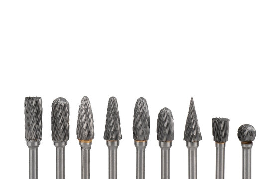 Carbide burrs isolated on white background. Rotary file burr texture. Burr set