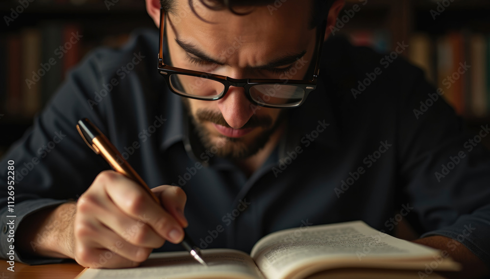 Poster man with glasses reads and writes with focus.