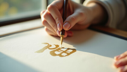 A person uses a brush pen to write elegant gold characters on off white paper.