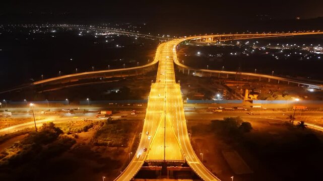 Nighttime aerial of shining roads and exits
