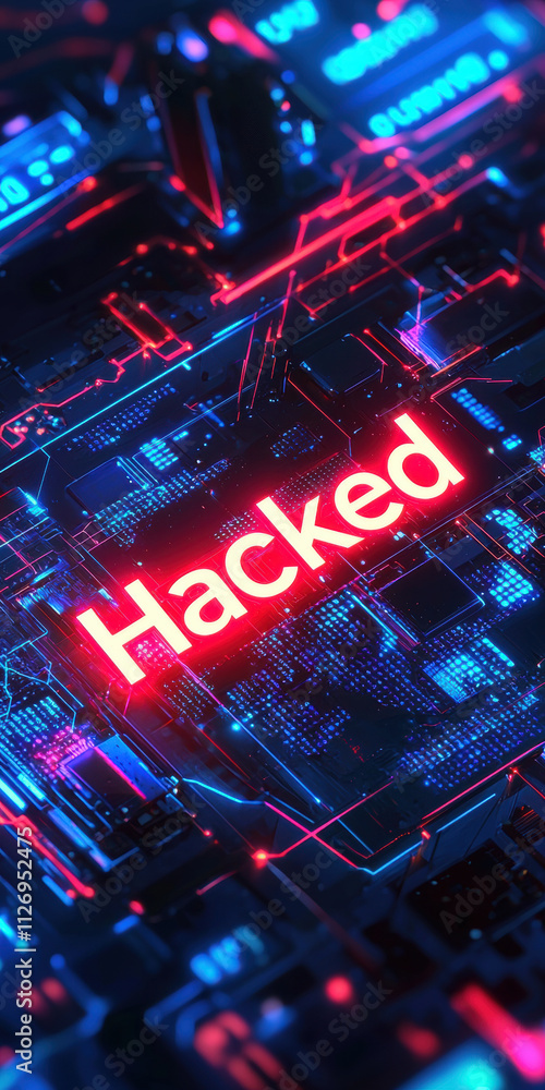 Aufkleber futuristic hacked text glowing on a digital screen, surrounded by virtual circuitry and code, cyber 