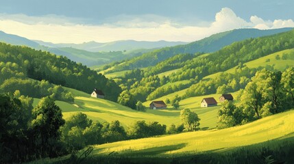 Serene landscape with rolling hills, lush greenery, and quaint houses under a bright sky.