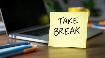 Yellow Sticky Note with 'TAKE A BREAK' Handwritten Message on Laptop Keyboard, Reminder for Work-Life Balance and Self-Care