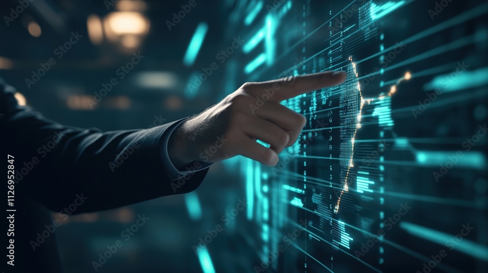 Aufkleber man touches futuristic digital interface with data.