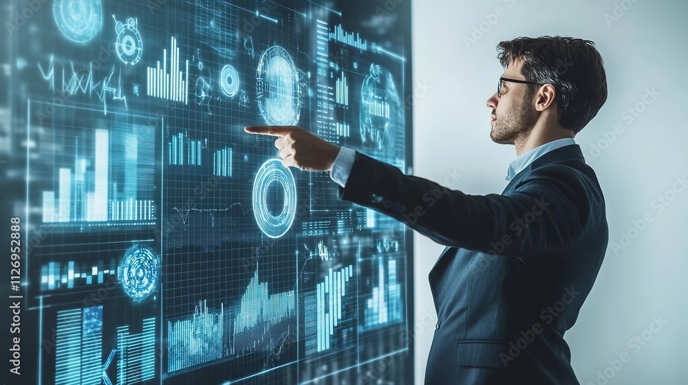 Poster man in suit interacts with futuristic hologram interface.