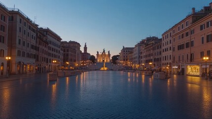 Naklejka premium A serene twilight scene of a plaza with illuminated fountains and surrounding buildings.