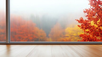 Tranquil Autumn Scene Through a Glass Window with Vibrant Red and Yellow Leaves in a Misty Atmosphere