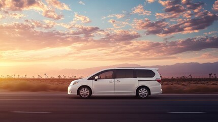 A white minivan drives along a road at sunset, surrounded by scenic desert landscape.