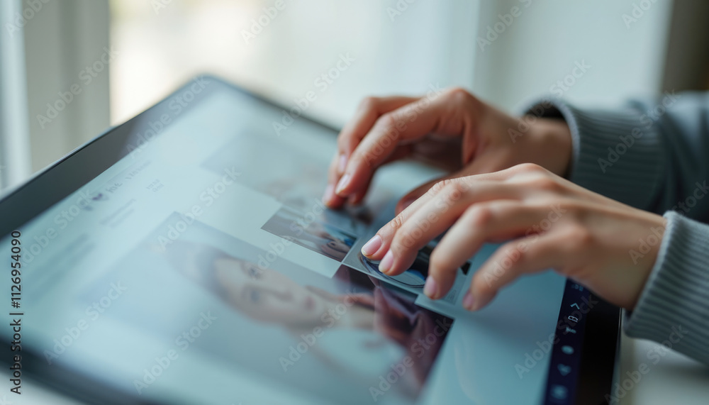 Poster woman's hands scrolling through images on a tablet browsing online content.