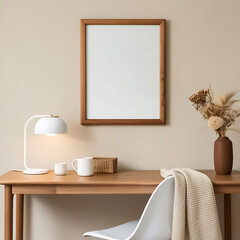 Minimalist Workspace Natural Tones, Wooden Desk, Soft Lighting, and Subtle Decor Elements