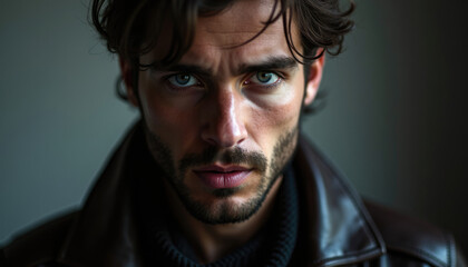 Obraz premium Close up portrait of a handsome man with intense eyes wearing a leather jacket.