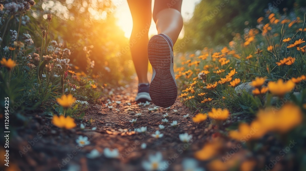 Aufkleber a person strolls down a rustic trail surrounded by vibrant flowers as the sun sets, creating a warm 