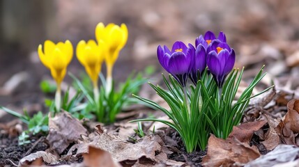 Obraz premium Vibrant Crocuses Blooming Amidst Mulched Ground in Early Spring Sunshine