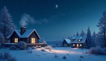 Cozy winter cabin scene with glowing windows, snow-covered landscape, and a crescent moon
