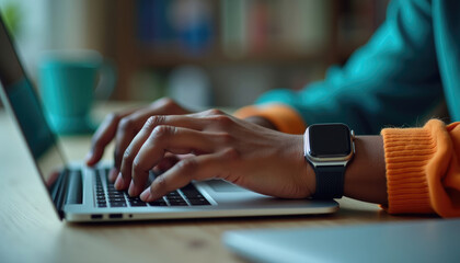 Person's hands typing on a laptop keyboard  wearing a smartwatch.