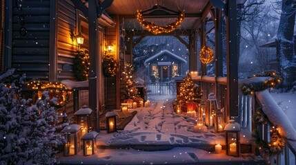 Fototapeta premium A beautiful winter front porch, decorated with lanterns, lights, and wreaths