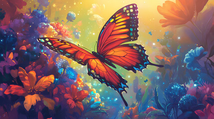 Fototapeta premium Joyful butterfly, bold colors and intricate details, floating in a bright atmosphere. Rapture. Illustration