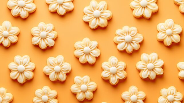 Delightful arrangement of flower-shaped cookies with white icing on a vibrant orange background - Powered by Adobe