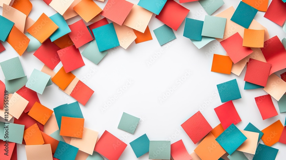 Poster colorful paper squares on a white surface creating a bright and cheerful background for creative pro