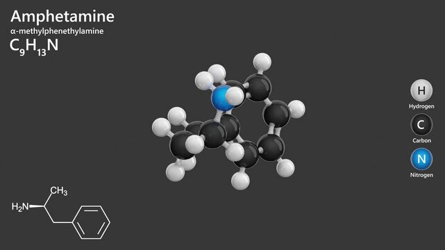 Amphetamine. Stimulant. Drug. Animated 3D model of a molecule. Molecular formula: C9H13N. Chemical model: Ball and stick. Gray background. 3D rendering. Seamless loop.