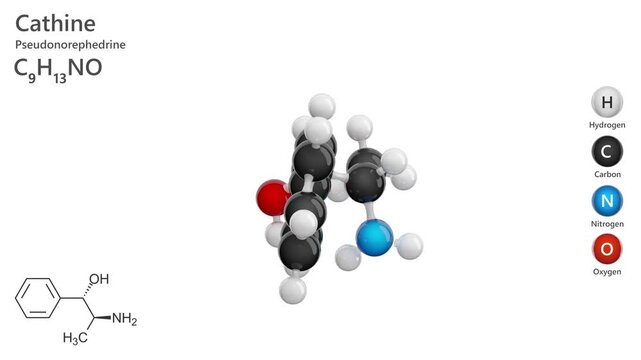 Cathine. Stimulant. Animated 3D model of a molecule. Molecular formula: C9H13NO. Chemical model: Ball and stick. White background. 3D rendering. Seamless loop.