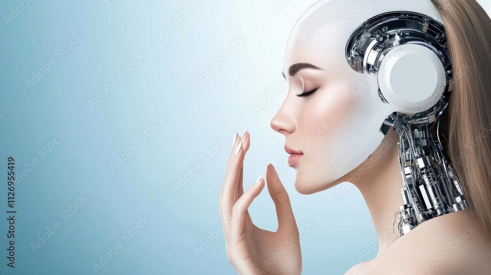 Poster futuristic female humanoid robot with advanced technology and serene expression, blending human and 