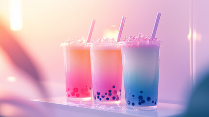 Pastelowa herbata bąbelkowa z kolorowymi gradientami na tle słonecznego blasku, wywołuje uczucie orzeźwiającego relaksu i beztroskiej przyjemności.

