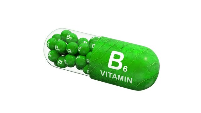 B6 capsule. Vitamin B6 in green granules. Pills or tablets to treat or prevent vitamin B6 deficiency. Seamless loop. 3D rendering. Isolated against a white background.