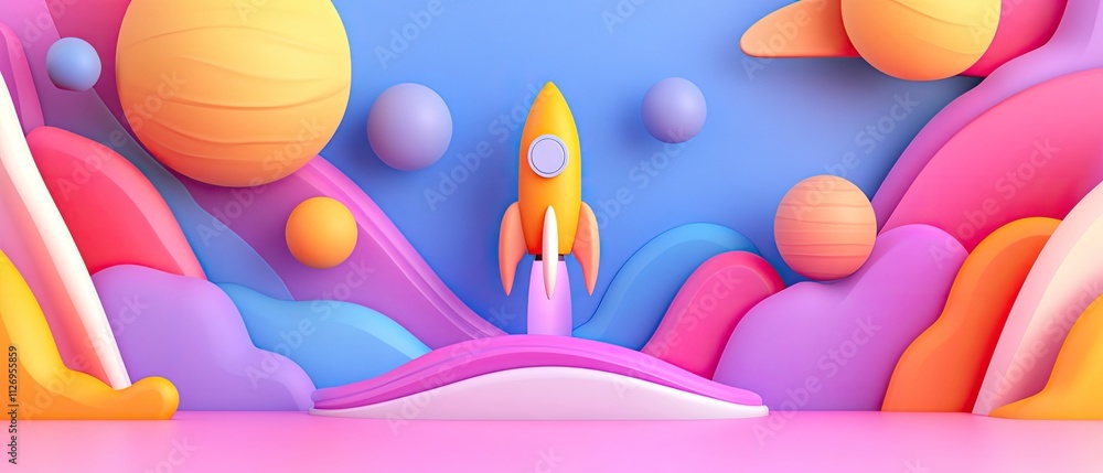 Poster vibrant 3d rocket launch scene with colorful abstract background and planets in a playful and whimsi