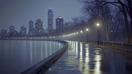 Fototapeta premium A serene nighttime cityscape with reflections on wet pavement and illuminated buildings.