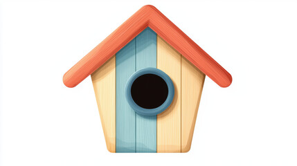 Bird house concept. A colorful birdhouse featuring a triangular roof and a round entrance, designed for attracting and sheltering small birds.