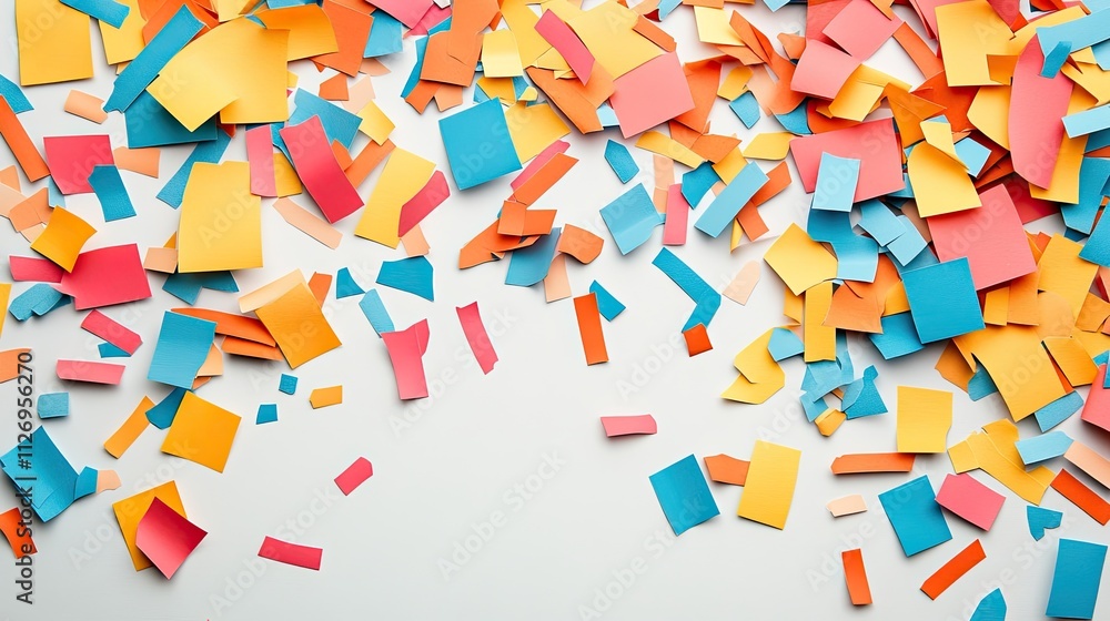 Poster vibrant colorful paper pieces in various shapes on a white background for creative use in design pro