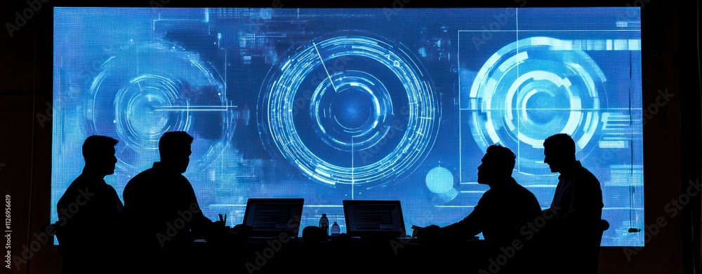 Poster silhouettes of individuals working with technology against a digital interface backdrop.
